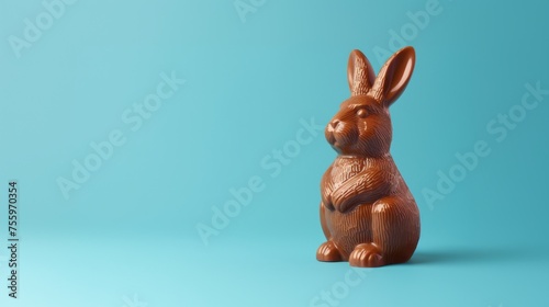 Chocolate easter bunny with eggs decoration, isolated on blue background. Luxury chocolate, Easter holiday. Delicious milk, dark chocolate bunny.  © steve