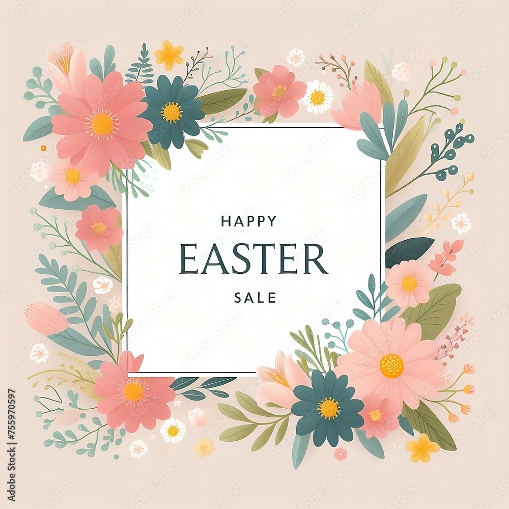 Easter spring sale floral square template. Cute simple frame with flowers in pastel colors. Vector background for social media post, greeting card, invitation, banner and web ad design Generative AI