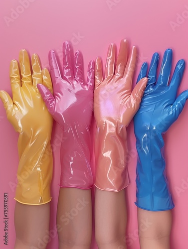 Photo of 4 female hands wearing glossy rubber gloves of different colors, AI generated photo
