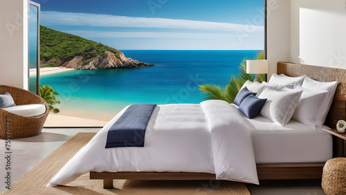 bed, beach, seaside, scenery, cozy atmosphere,Generative AI © AI machine