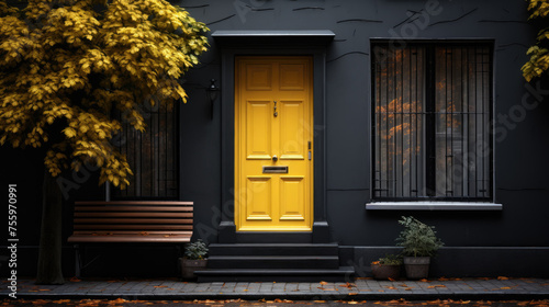 The outer wall of a dark gray house with a bright yellow door. house with yellow front door