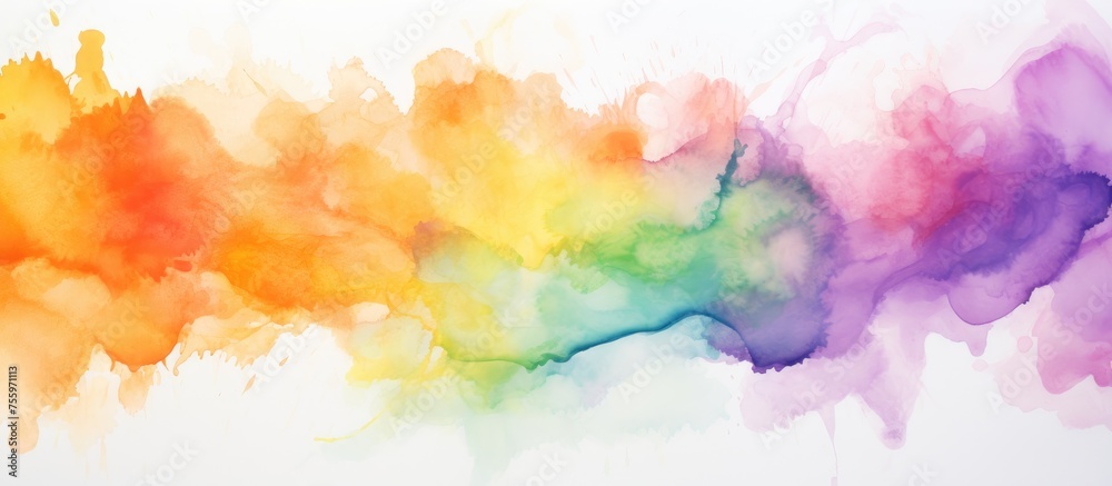 A stunning watercolor painting featuring a vibrant rainbow of colors on a crisp white background, creating a beautiful and captivating art piece