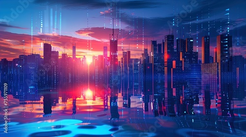 Sunset cityscape: Skyscrapers bathed in a high-tech neon glow!