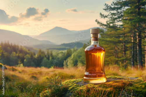 A bottle of whiskey sits next to a beautiful mountainous forest setting
