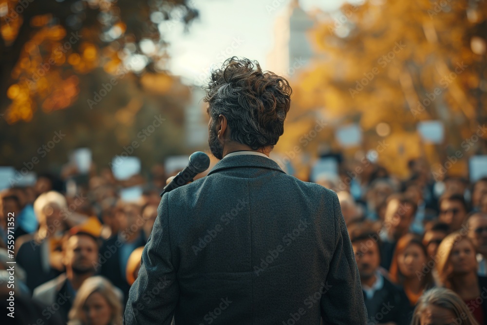 A confident man politician is captured articulating his vision outdoors, surrounded by a crowd of enthusiastic political party members, embodying the spirit of dynamic leadership and community engagem A confident man politician is captured articulating his vision outdoors, surrounded by a crowd of enthusiastic political party members, embodying the spirit of dynamic leadership and community engagem