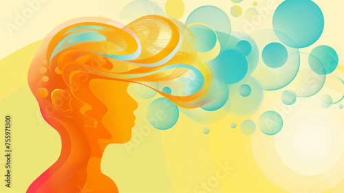 Abstract Woman's head in profile with flowing hair and bubbles swirling around her in orange, blue and yellow colors