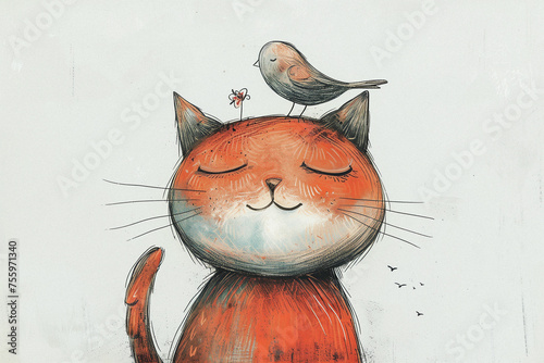 Smiling Cat with Bird and Friends photo
