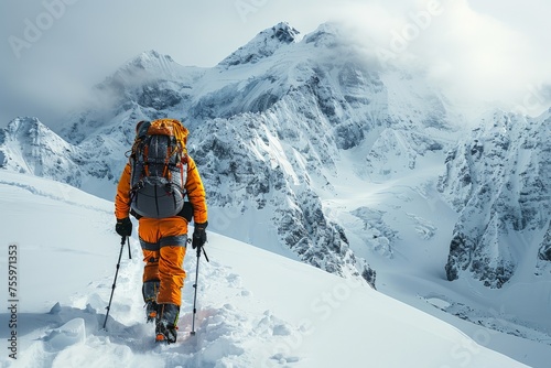 A mountaineer treks through the snow with determination against the backdrop of a majestic mountain peak