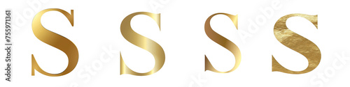 Gleaming Gold color lettering, alphabet, logotype, letter S isolated on a transparent background
