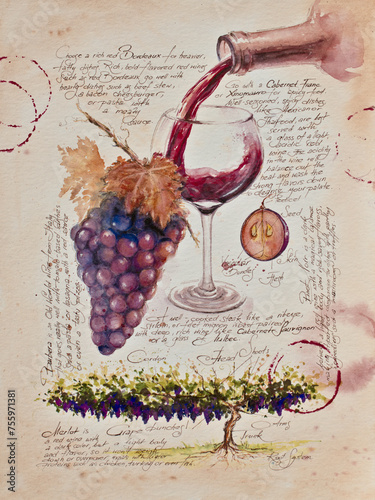 Grapevine and its fruits. A bottle of red wine and glass of wine. The illustration is painted with watercolors.