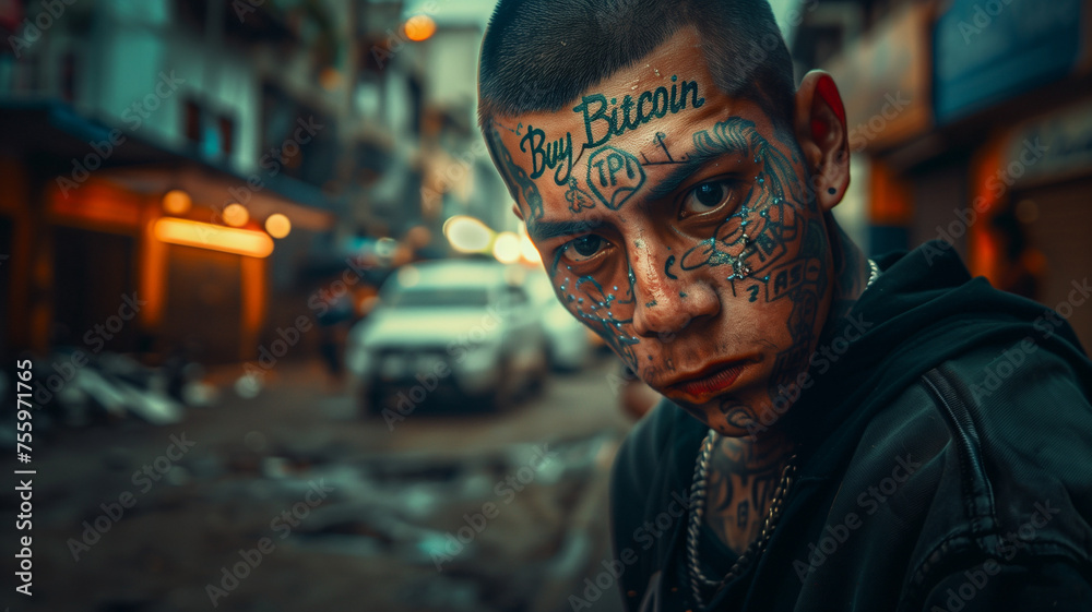Mexican cartel gang member covered in tattoos with 