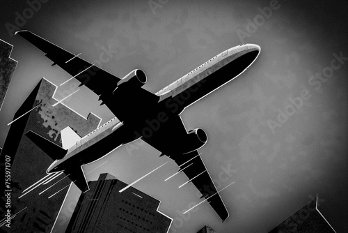 Airplane Silhouette Over City Skyline