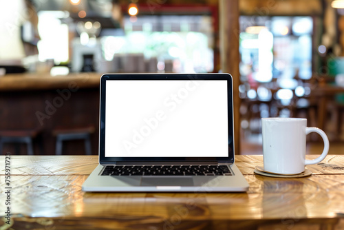 Laptop with blank screen on wooden table mockup 