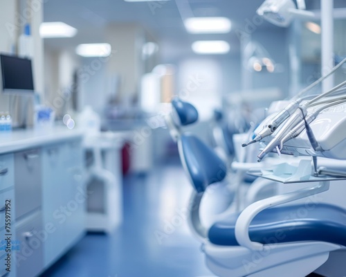 A row of dentist chairs lined up in a clinical room  ready for patients to receive treatment.