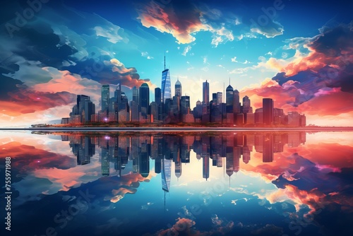Double vision of a vibrant city skyline photo
