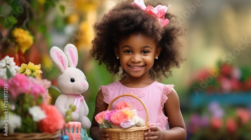 African American girl with curly hair and bunny ears smile. Easter concept