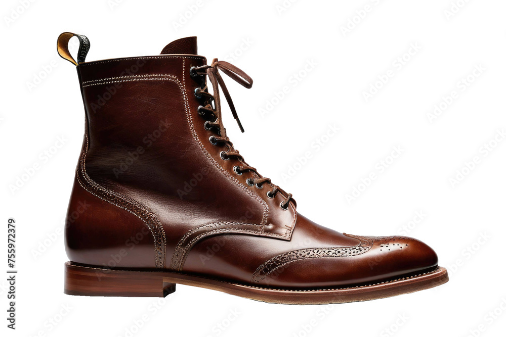 Single brown leather boot, standing upright, showcasing fine stitch details and worn texture, full body shot isolated against a pure white background, studio lighting