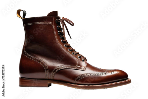 Single brown leather boot, standing upright, showcasing fine stitch details and worn texture, full body shot isolated against a pure white background, studio lighting