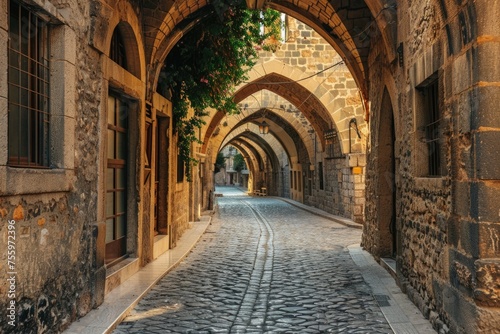 Historic cobblestone street with picturesque archways. Ideal for travel websites or historical articles. photo