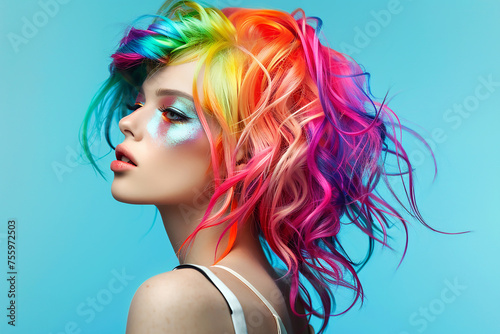 Portrait of a beautiful girl with rainbow neon asymmetric hair style photo