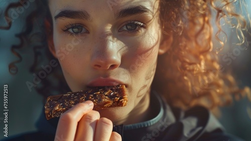 Close up of a person eating food, perfect for food blogs or restaurant advertisements.