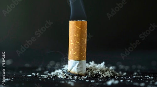 Cigarette butt isolated on black background. Smoking is very harmful to health. Generative AI