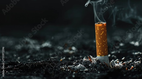 Cigarette butt isolated on black background. Smoking is very harmful to health. Generative AI