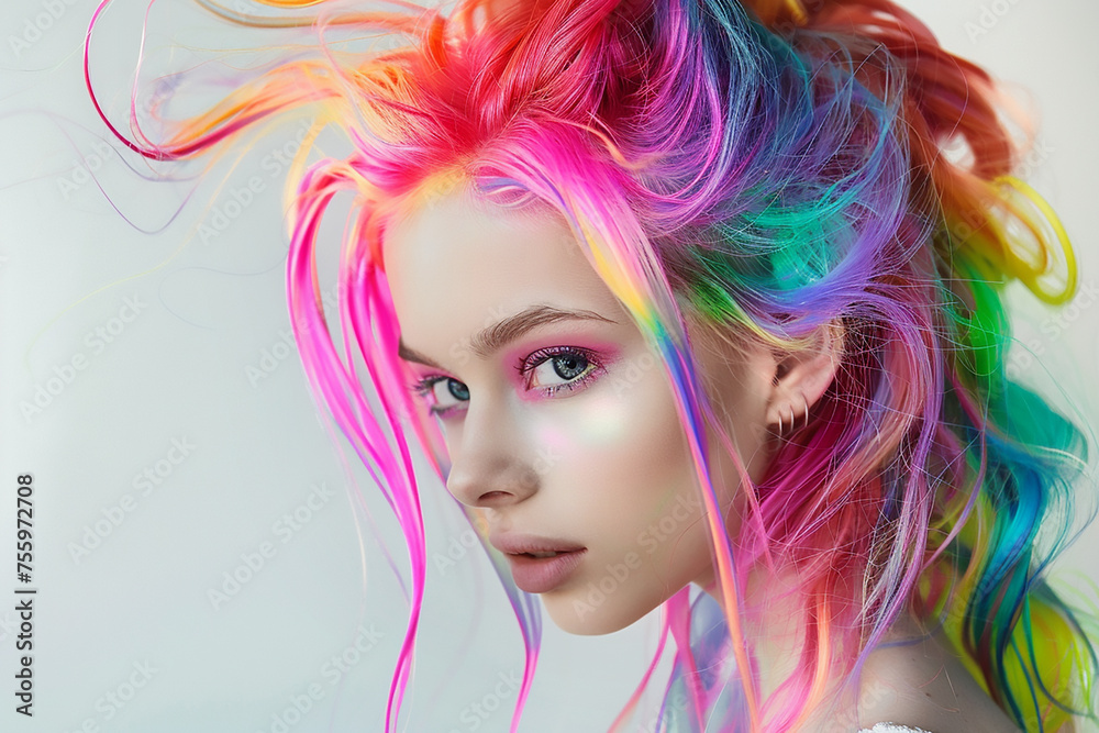 Portrait of a beautiful girl with rainbow neon hair style