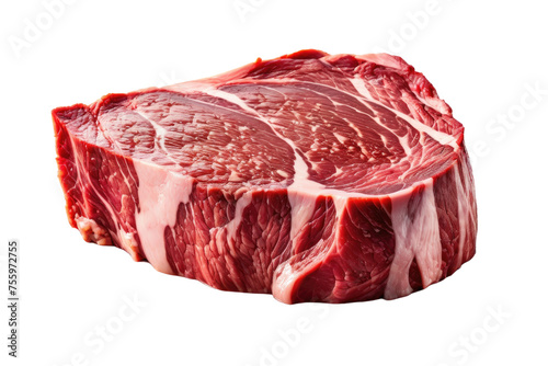 Single steak, full body, high quality stock photo, isolated on white background, portraying texture and marbling of meat, showcasing subtle pink-red tones, capturing reflections on glossy fat layers