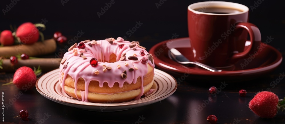 A dessert consisting of a pink frosted donut is displayed on a plate alongside a cup of coffee. The baked goods are served on tableware as a sweet treat A dessert consisting of a pink frosted donut is displayed on a plate alongside a cup of coffee. The baked goods are served on tableware as a sweet treat