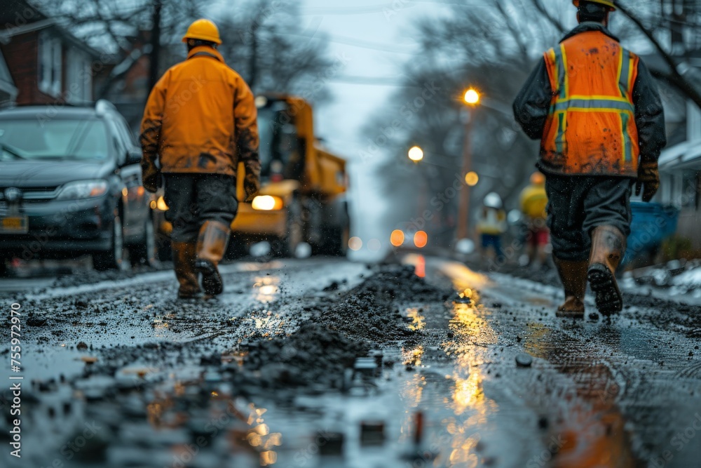 Road maintenance workers and machinery in action on an urban street, focused on renewal Road maintenance workers and machinery in action on an urban street, focused on renewal