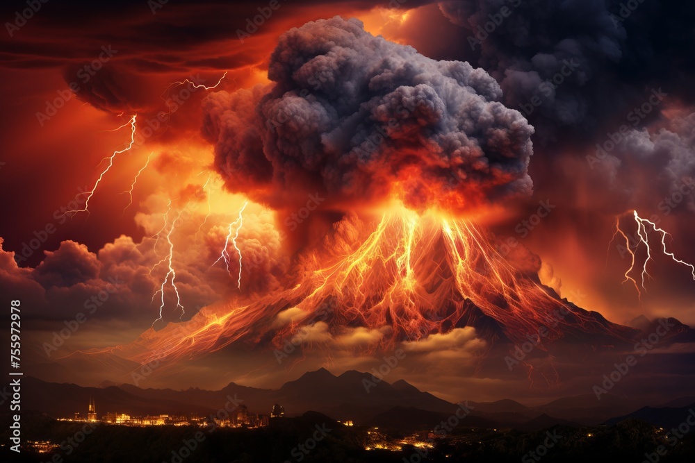 Volcanic activity during a thunderstorm - obrazy, fototapety, plakaty 