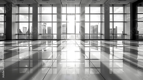 Monochrome image of a corporate office interior with glossy floors and panoramic windows overlooking the city. Architectural design and commercial property concept for poster, advertisement