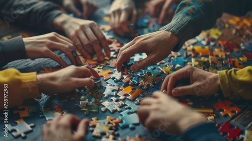A group of people working together on a puzzle. Suitable for teamwork concepts.