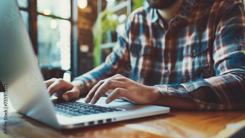 Shot of hands typing on a laptop with an out-of-focus man wearing a flannel shirt	 photo