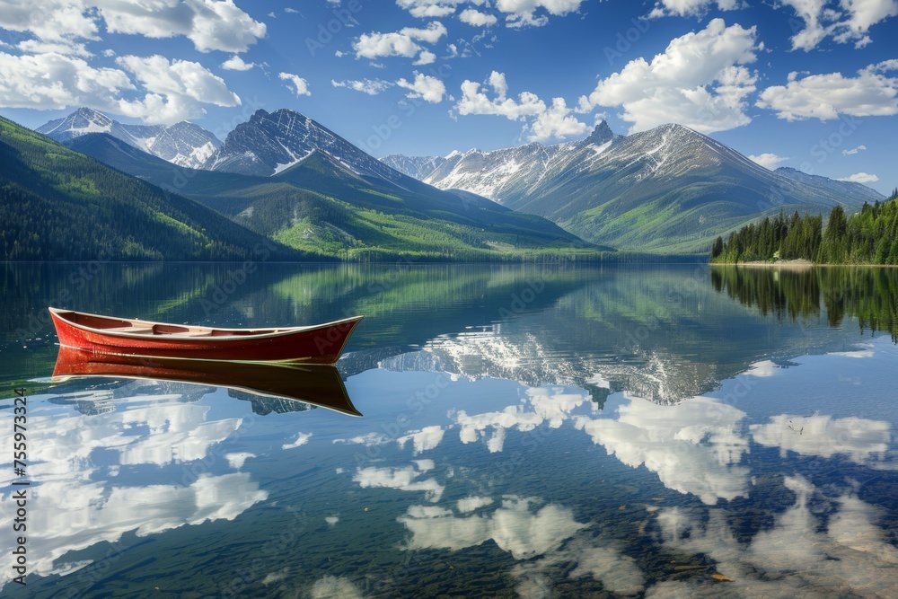Serene Landscape: Red Boat on Pristine Lake Amidst Snow-Covered Mountains.