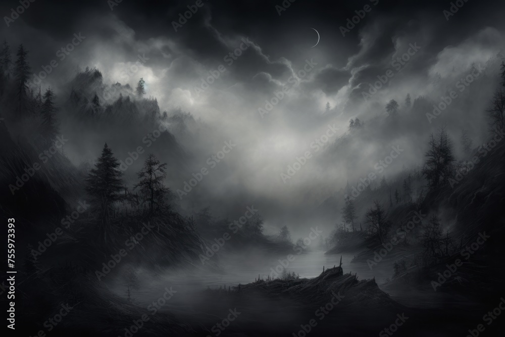 A black background with ethereal mist - obrazy, fototapety, plakaty 