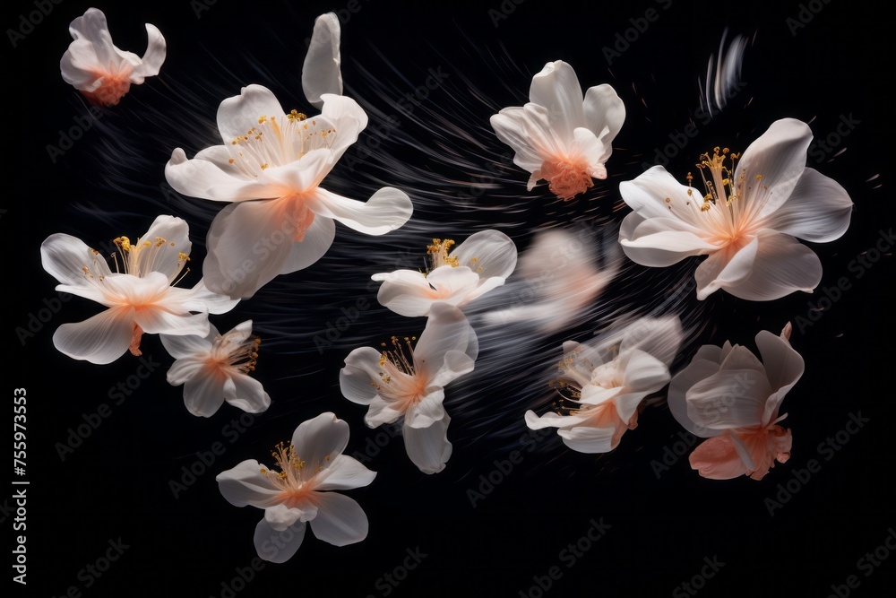 Fototapeta premium A black background with floating petals