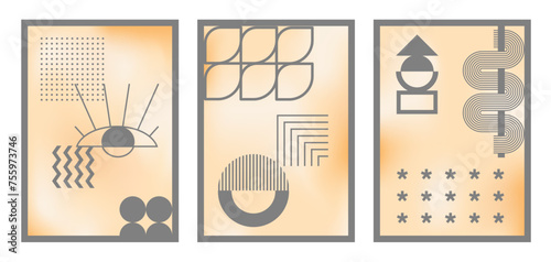 Set of y2k aesthetic posters with soft gradients. Abstract elements and frames.