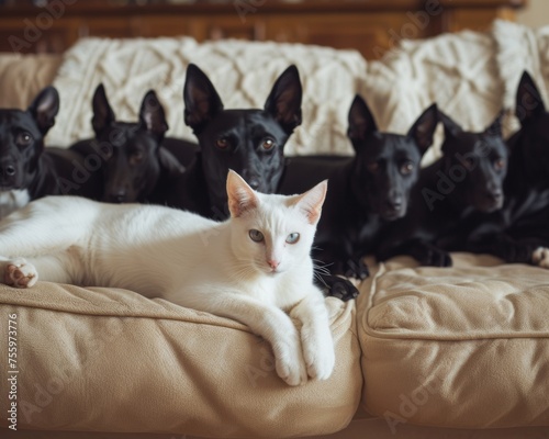 Group of dogs and a cat lounging comfortably on a couch.