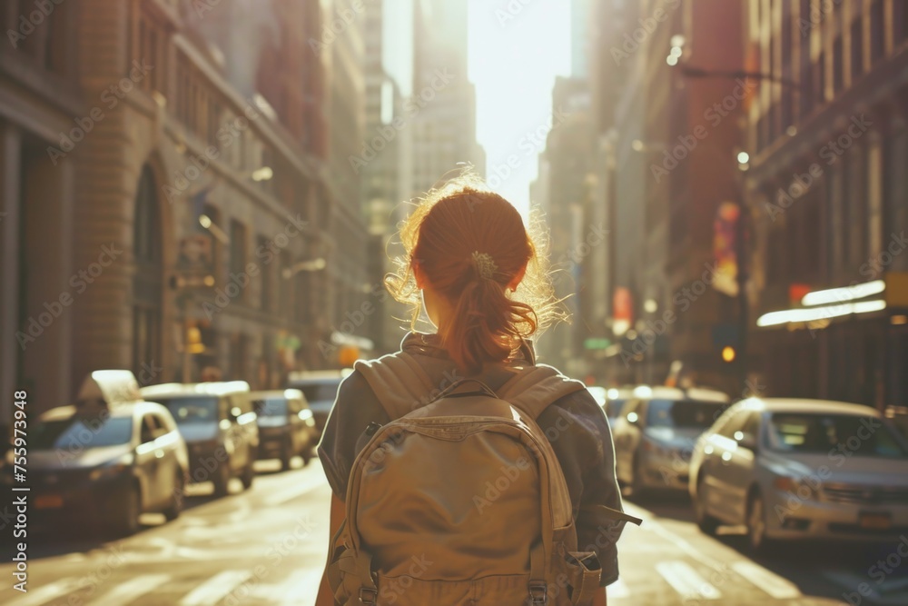A person with a backpack stands amidst the bustling streets of a city at sunrise. A person with a backpack stands amidst the bustling streets of a city at sunrise.