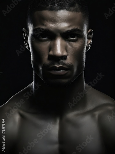 A portrait of a boxing player against a black background, emphasizing the quiet confidence.