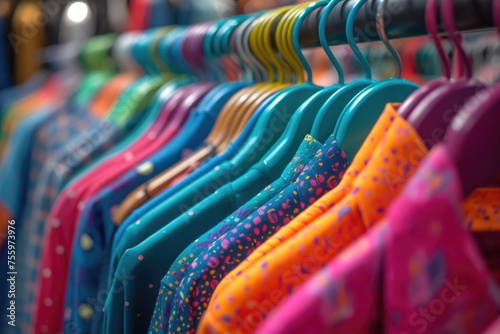 Close-up of a kaleidoscope of patterned fabrics on clothes in a retail display.