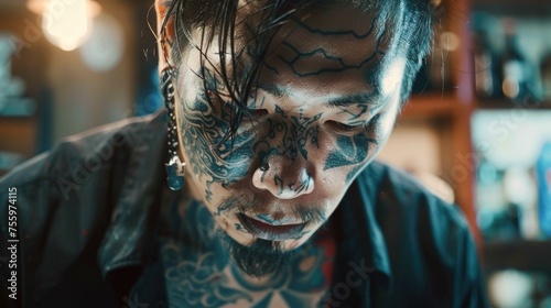 A man with tattoos on his face looking down. Suitable for edgy and alternative themes.