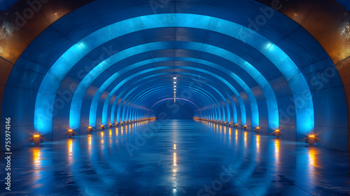 Illuminated blue tunnel with reflective floor. Modern architecture photography. Urban and futuristic design concept. Empty underground background with lighting with space for text or product