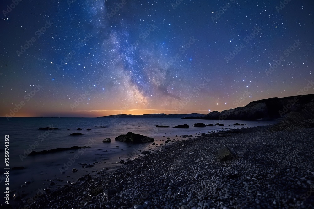 A Breathtaking Night View of the Milky Way Over a Tranquil Rocky Beach.