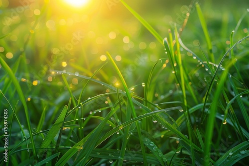 Morning Dew Sparkles on Lush Green Grass Under Sunlight.