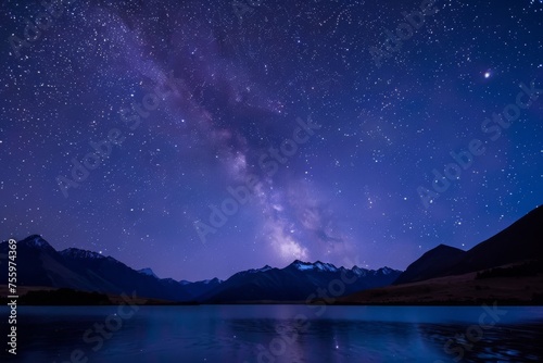 A Breathtaking Night View of the Milky Way Over a Tranquil Mountain Lake.