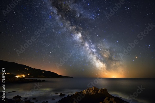 A Breathtaking Night View of the Milky Way Over a Tranquil Mountain Lake. © Sandris