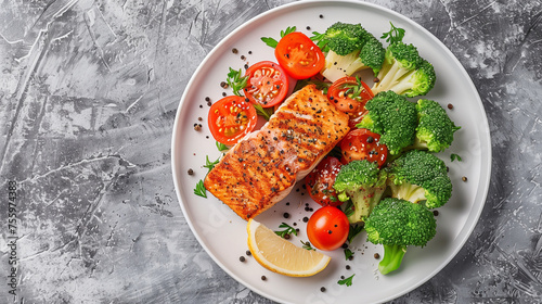 Grilled Salmon Fillet With Fresh Tomatoes, Broccoli, and Lemon on a Plate
